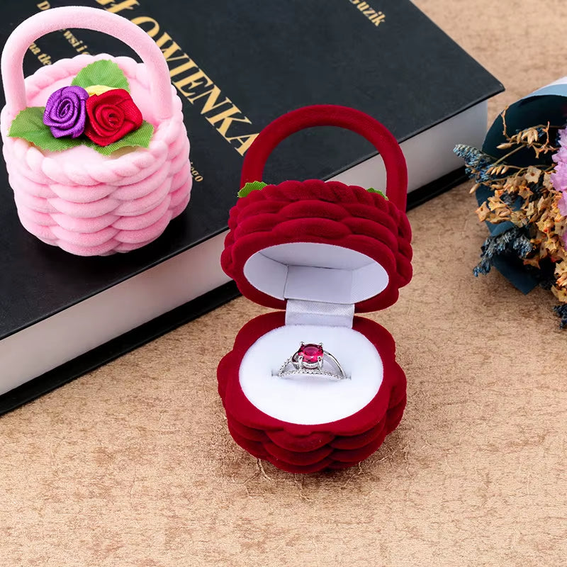 1 Piece Cute Flower Basket Velvet Wedding Engagement Ring Box Gift Box Holder for Earrings Necklace Display Jewelry Case