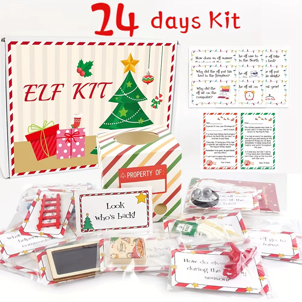 24-Day Elf Arrival Kit,Christmas Countdown Kit with Jokes and Surprises, Elf Set 24 Days of Christmas - Festive Home Decorations