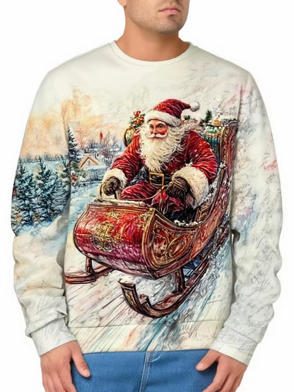 Men'S Pullover Vintage Christmas Santa Claus Rides Sleigh in the Snow Town Art Print Casual Sweatshirt Autumn 2025 Holiday Tops