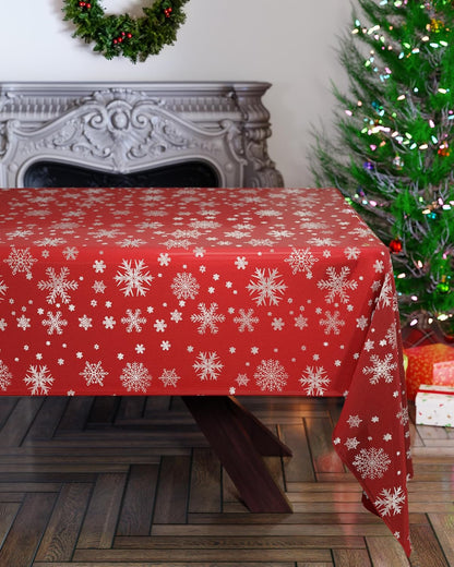 Christmas Table Cloth, Rectangular Machine Washable Xmas Dining Tablecloth in Red with Silver Snowflake Design - 50X70 (127X178Cm)