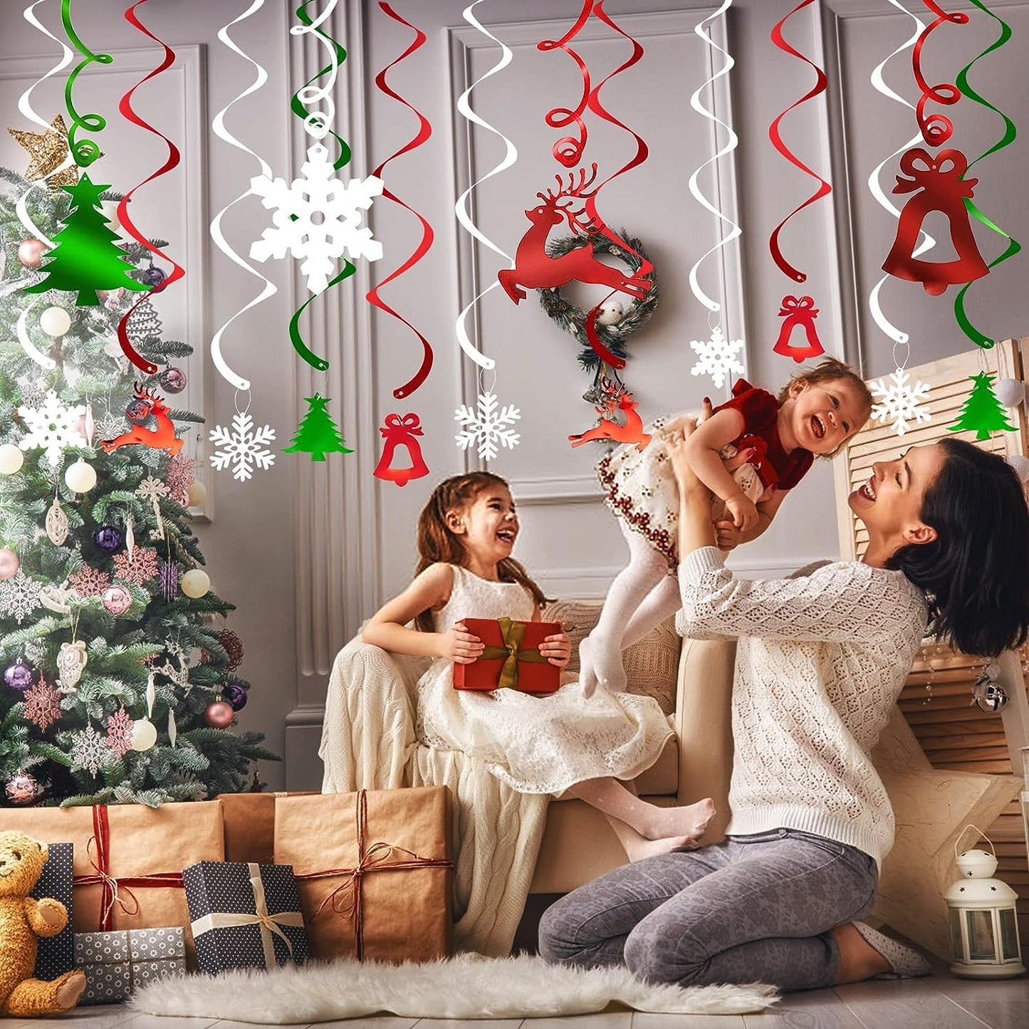 30PCS Christmas Ceiling Decorations, Christmas Hanging Decorations Indoor, Christmas Hanging Swirls Decorations, Christmas Tree, Bell, Reindeer, Snowflake for Birthday Holiday Party Décor