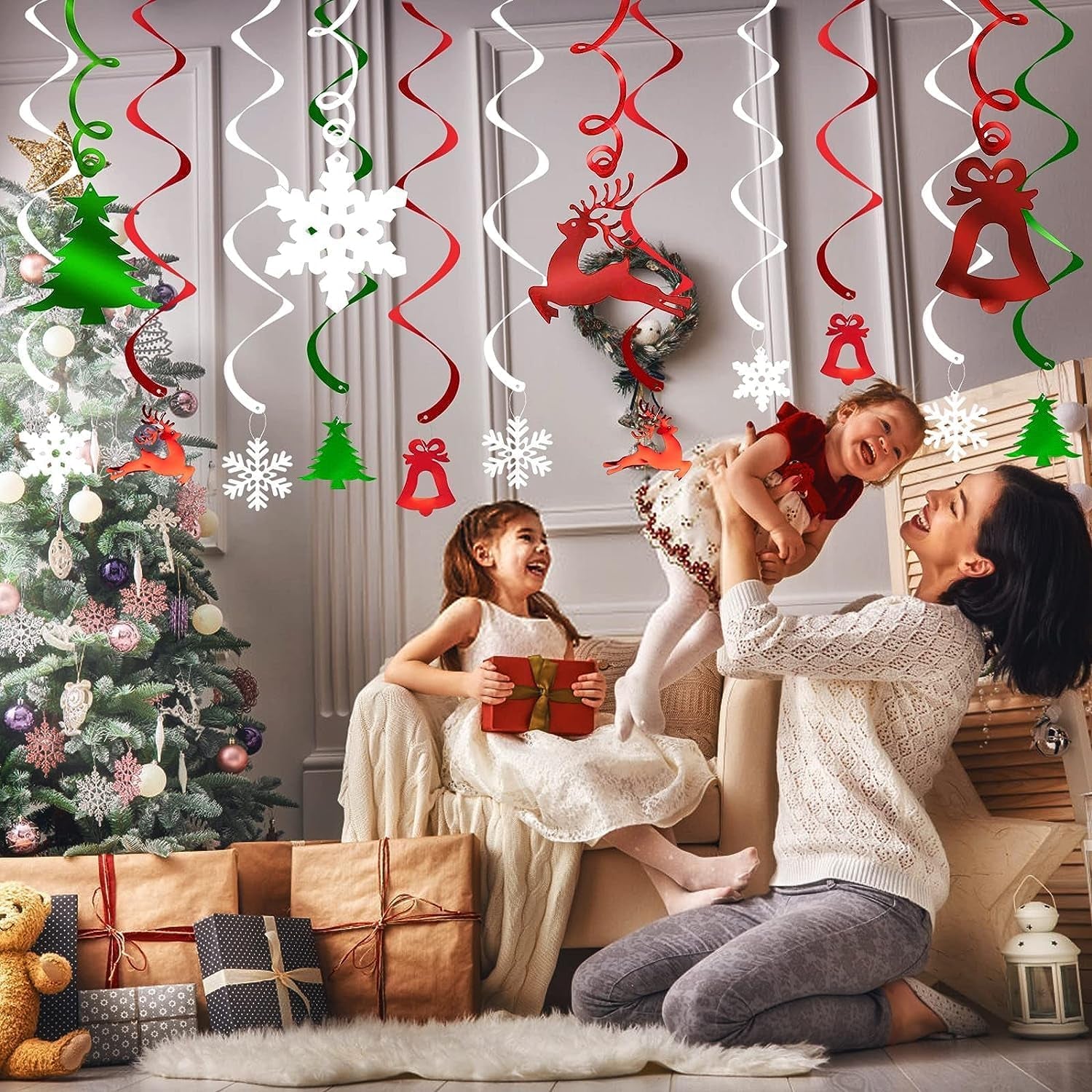 30PCS Christmas Ceiling Decorations, Christmas Hanging Decorations Indoor, Christmas Hanging Swirls Decorations, Christmas Tree, Bell, Reindeer, Snowflake for Birthday Holiday Party Décor