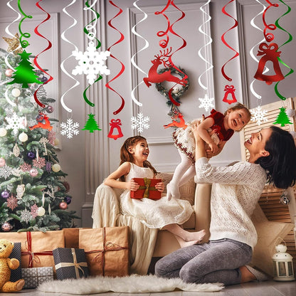 30PCS Christmas Ceiling Decorations, Christmas Hanging Decorations Indoor, Christmas Hanging Swirls Decorations, Christmas Tree, Bell, Reindeer, Snowflake for Birthday Holiday Party Décor