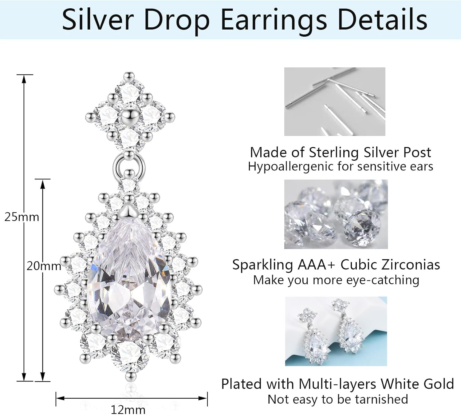 Silver Earrings for Women, Sterling Silver Drop Earrings, Teardrop Dangle Earrings, Jewellery Gift for Wife Bridesmaid Birthday Wedding Christmas