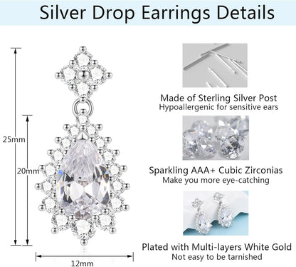 Silver Earrings for Women, Sterling Silver Drop Earrings, Teardrop Dangle Earrings, Jewellery Gift for Wife Bridesmaid Birthday Wedding Christmas