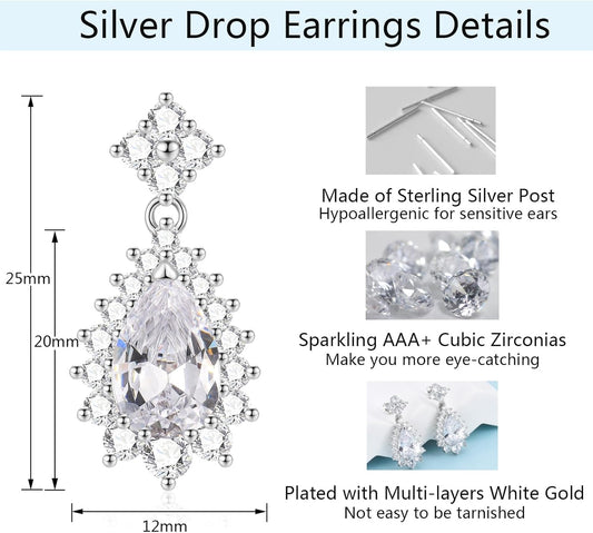 Silver Earrings for Women, Sterling Silver Drop Earrings, Teardrop Dangle Earrings, Jewellery Gift for Wife Bridesmaid Birthday Wedding Christmas