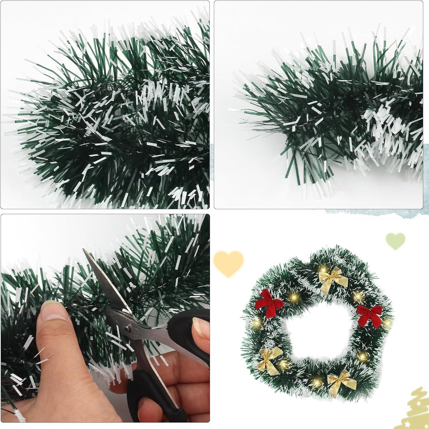 39 Feet Christmas Tinsel Garlands Decoration Christmas Tree Tinsel with 24 Red Bows, 24 Gold Bows and String Lights - Xmas Tinsel Garland for Festive Decor, Indoor and Outdoor Use