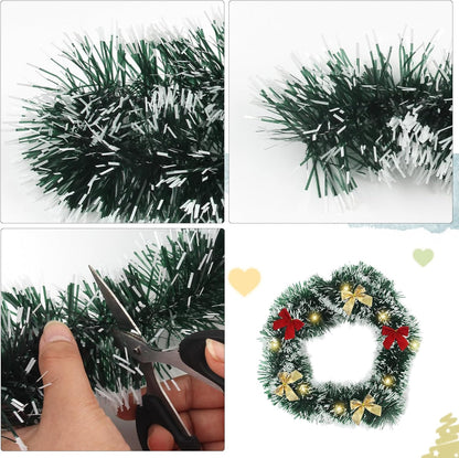 39 Feet Christmas Tinsel Garlands Decoration Christmas Tree Tinsel with 24 Red Bows, 24 Gold Bows and String Lights - Xmas Tinsel Garland for Festive Decor, Indoor and Outdoor Use