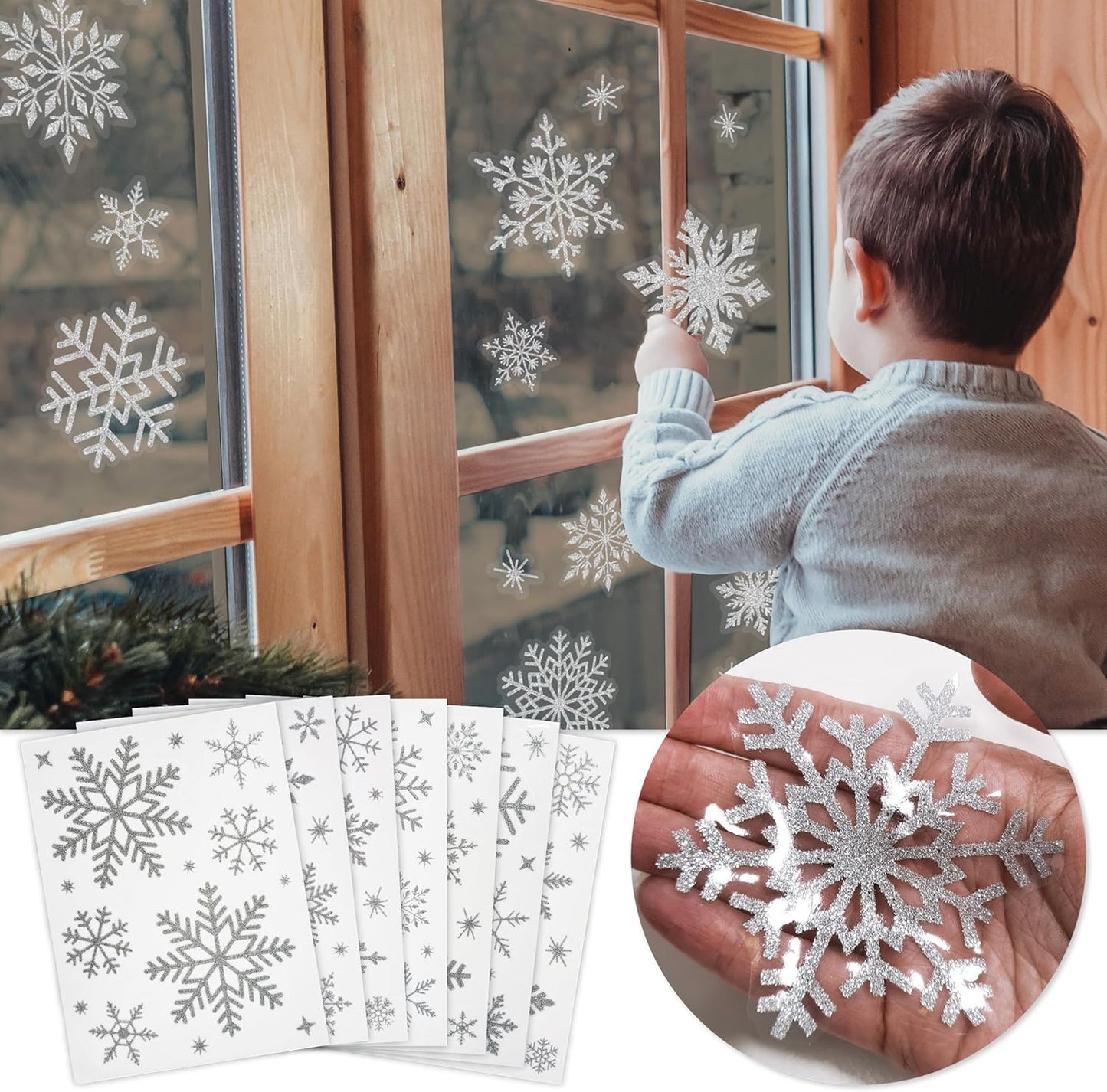 Christmas Snowflake Window Stickers over 300Pcs Silver Glitter Design - Removable and Reusable Christmas Window Clings Decoration - Ideal for Xmas Display and Decor
