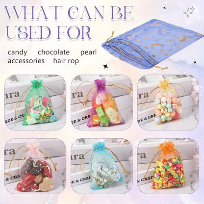 50PCS Moon Stars Drawstring Organza Bags Jewelry Gift Bags Pouches Gold Star Organza Favor Pouches for Christmas Wedding