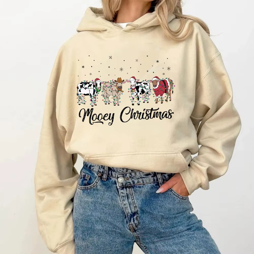Christmas Cow Sweatshirt Cow Lover Gift Funny Holiday Sweater Farm Christmas Hoodies Tops Womens Winter Long Sleeve Anime Hoodie