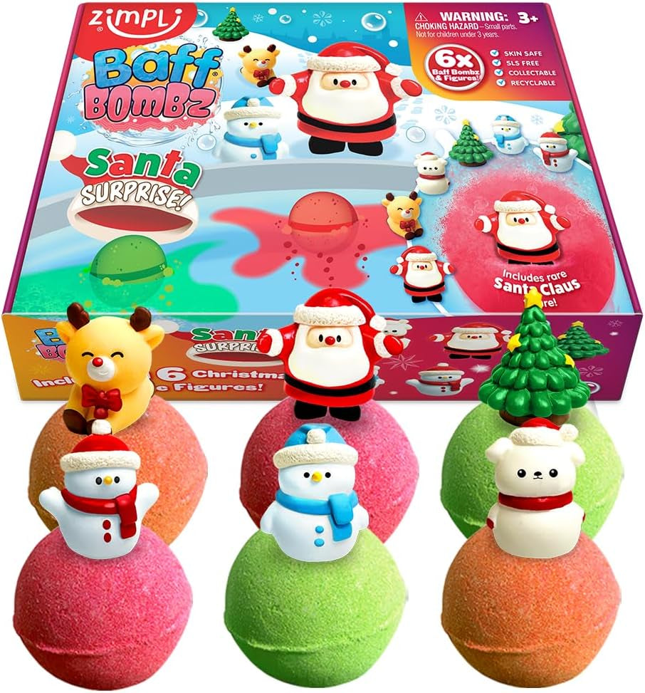 ZIMPLI - 6 X Large Santa Surprise Bath Bombs, 6 X Christmas Surprise Toys, Xmas Baff Bomb Gift Set for Children, Presents Aged 3 and Up