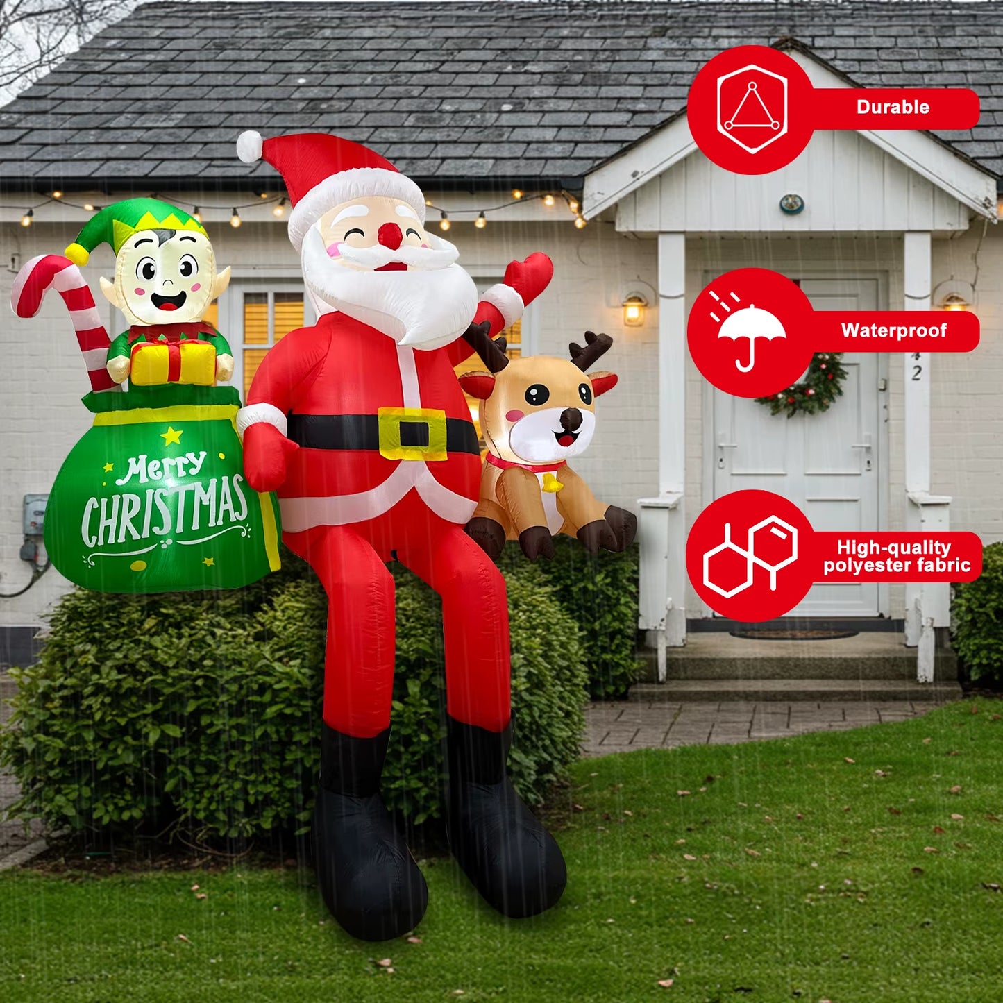 Ourwarm 8FT Christmas Inflatable Outdoor Decorations,Sitting Santa Claus with Elves & Reindeer,For Holiday Party Garden Yard