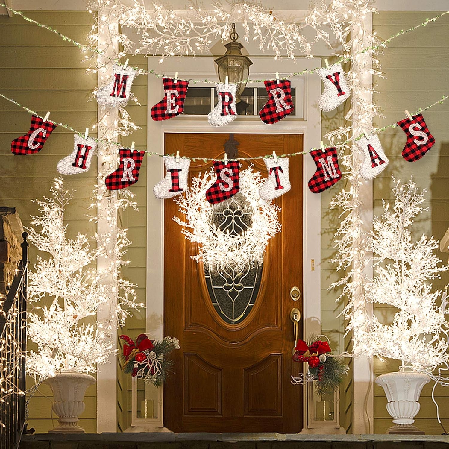 Merry Christmas Banners, Sock Shaped Burlap Banners, Red-White Plaid, 3 Meters (Length Only), 14 Pieces, Indoor/Outdoor, Christmas Party & Wall Decoration