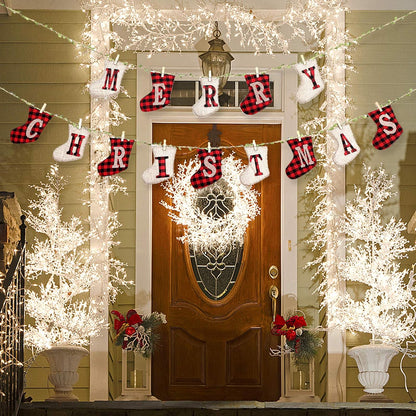 Merry Christmas Banners, Sock Shaped Burlap Banners, Red-White Plaid, 3 Meters (Length Only), 14 Pieces, Indoor/Outdoor, Christmas Party & Wall Decoration