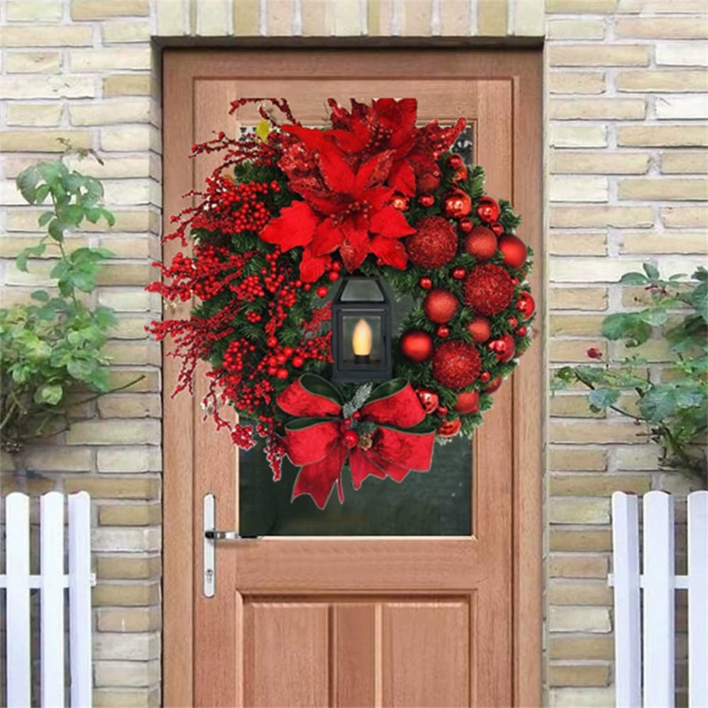 40Cm Big Red Flower Bow Ball Christmas Wreath with Oil Lamp Navidad Party Wedding Door Window Wall Fireplace Staircase Balcony