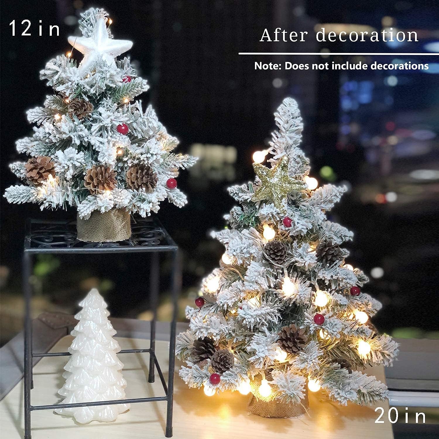 Pre-Lit Artificial Mini Christmas Tree with LED Lights,20 Inch Snow Flocked Pine Xmas Tree,70 Branch Tips,Desktop Tabletop Christmas Tree Burlap Base-(50Cm)