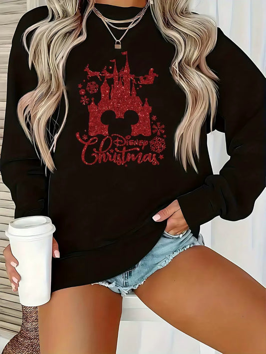 Women'S Disney Christmas Sweatshirt Cozy Crewneck Pullover with Mickey Castle Snowflakes Long Sleeve Winter Sweater for Women