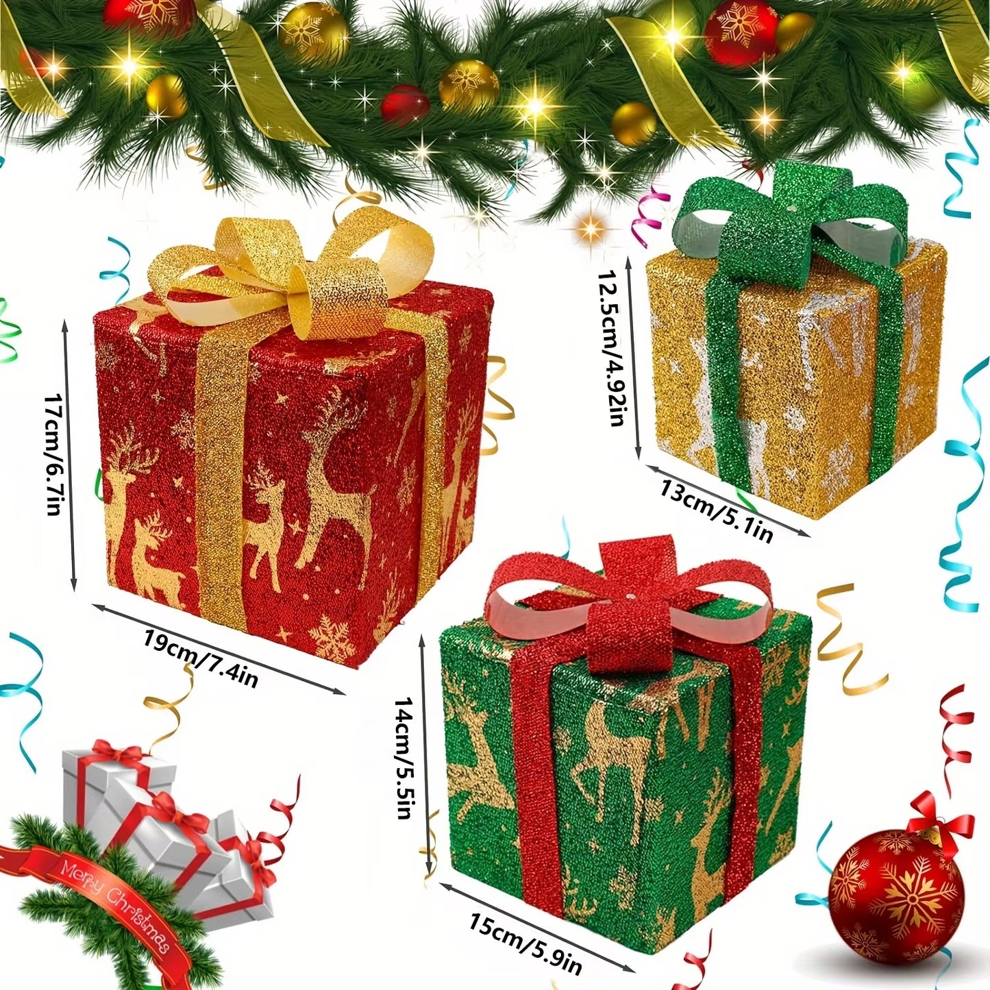 3PCS Christmas Lighted Gift Boxes, LED Lighted Gift Boxes for Christmas Decor Outdoor Indoor, Light up Gifts Box