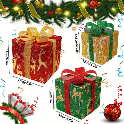 3PCS Christmas Lighted Gift Boxes, LED Lighted Gift Boxes for Christmas Decor Outdoor Indoor, Light up Gifts Box