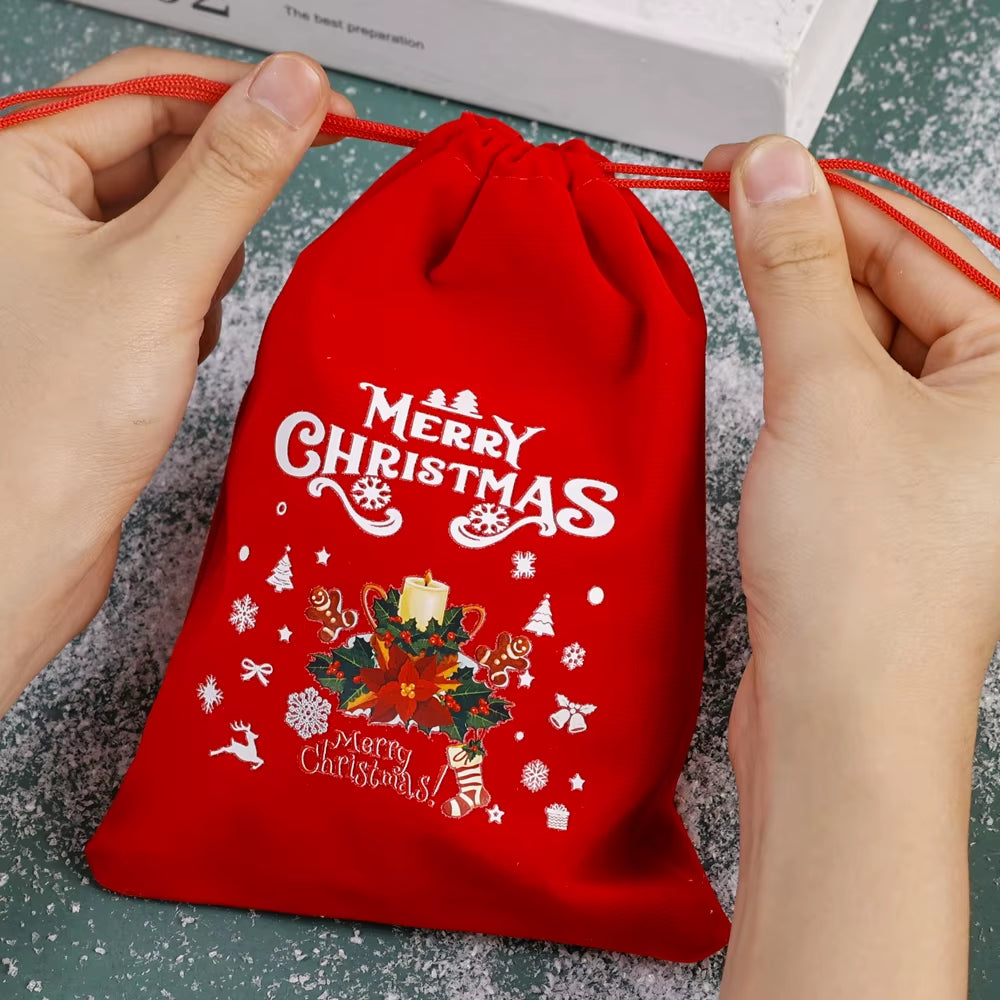 20/1Pcs Red Christmas Velvet Bags Drawstring Santa Gift Pouch Candy Snack Wrapping Bag Christmas Wedding Party Favors Decoration