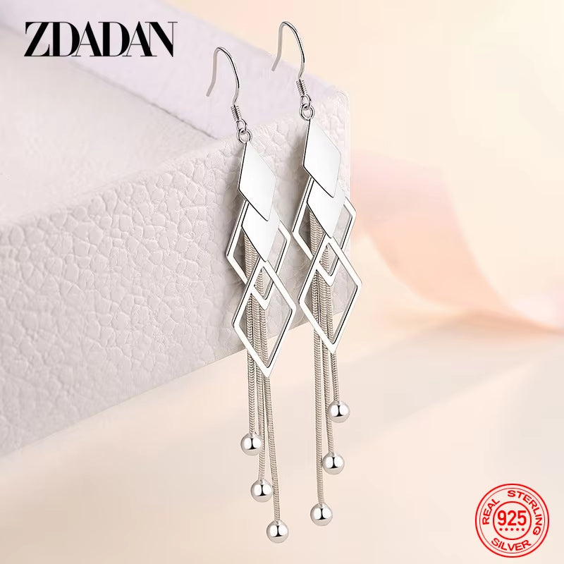 925 Sterling Silver Geometric Long Tassel Drop Earrings for Women Wedding Jewelry