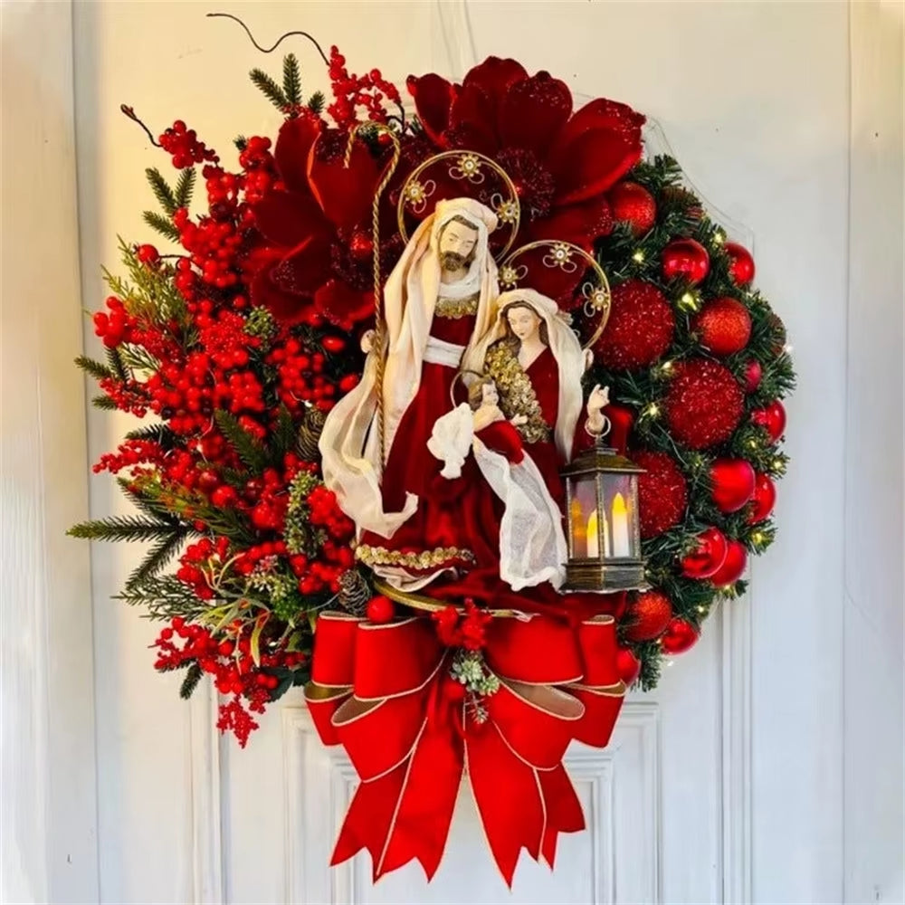 40Cm Big Red Flower Bow Ball Christmas Wreath with Oil Lamp Navidad Party Wedding Door Window Wall Fireplace Staircase Balcony