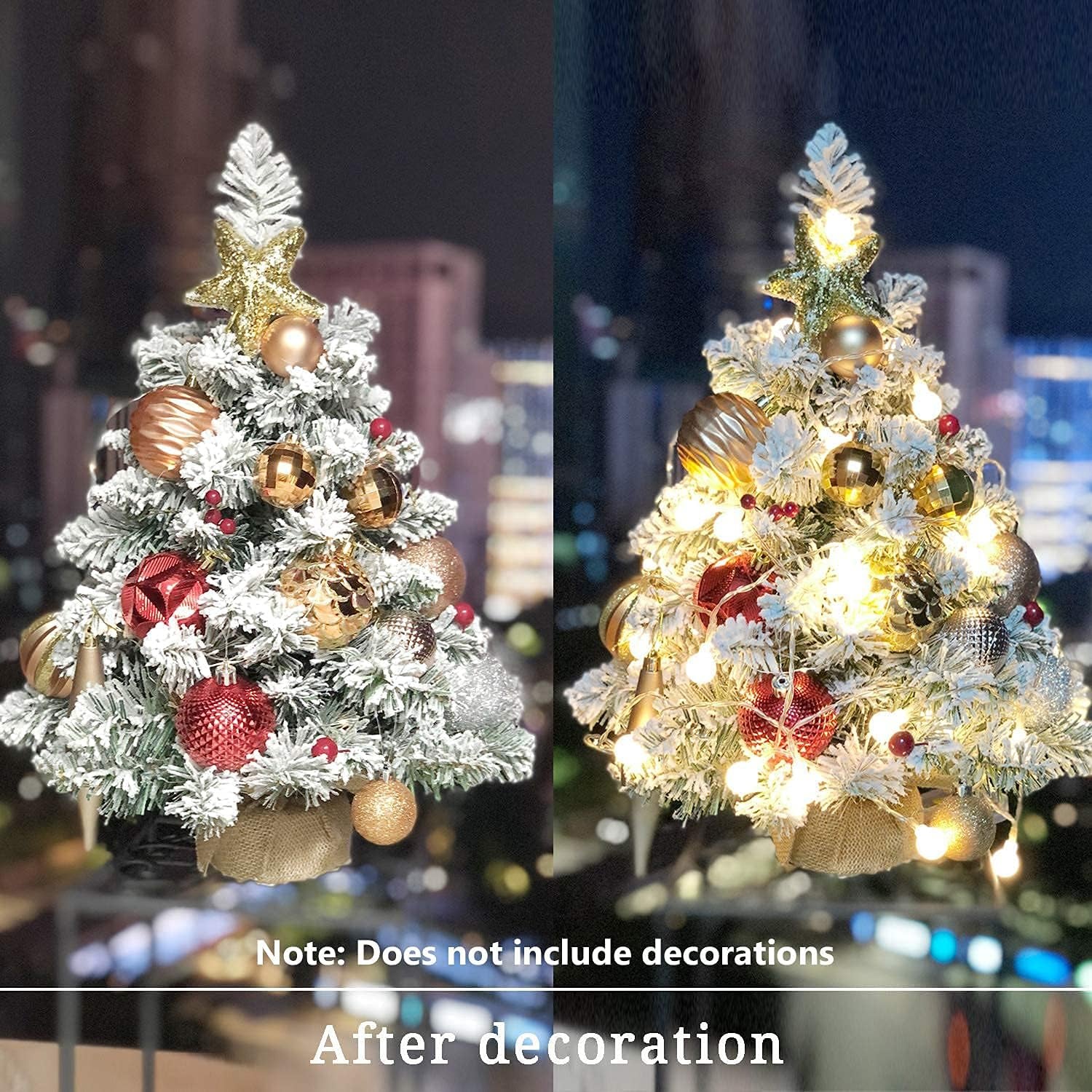 Pre-Lit Artificial Mini Christmas Tree with LED Lights,20 Inch Snow Flocked Pine Xmas Tree,70 Branch Tips,Desktop Tabletop Christmas Tree Burlap Base-(50Cm)