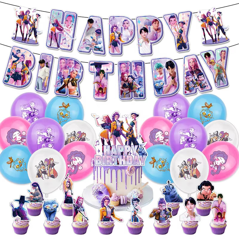Hot Kpop Demon Birthday Party Decoration Huntrix Kpop Anime Birthday Party Supplies Hunter Group Cake Topper Balloons Decor Sets