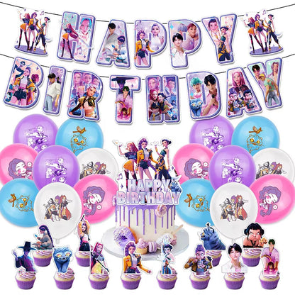 Hot Kpop Demon Birthday Party Decoration Huntrix Kpop Anime Birthday Party Supplies Hunter Group Cake Topper Balloons Decor Sets
