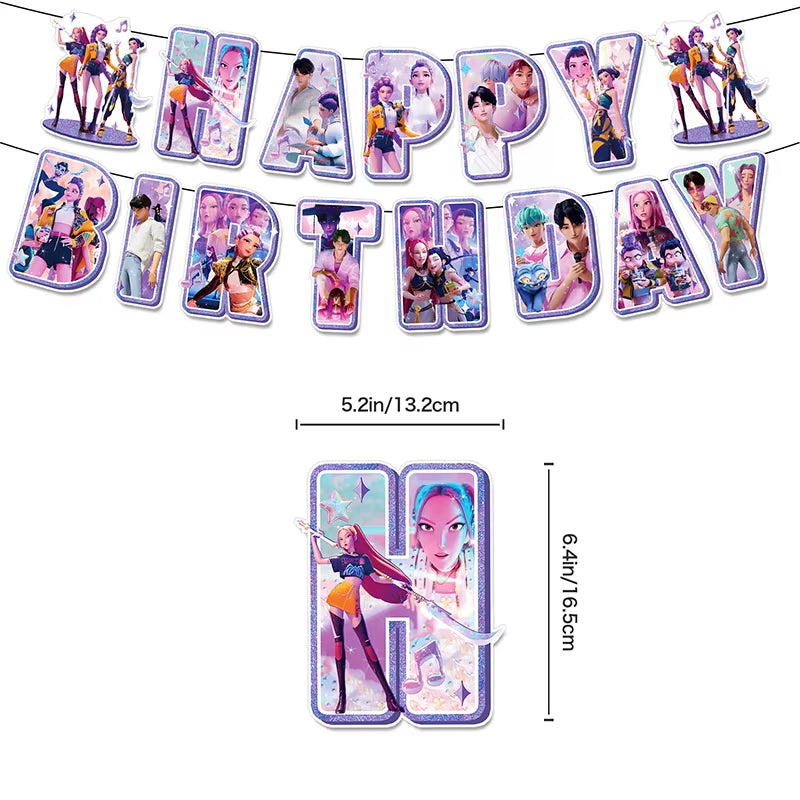 Hot Kpop Demon Birthday Party Decoration Huntrix Kpop Anime Birthday Party Supplies Hunter Group Cake Topper Balloons Decor Sets