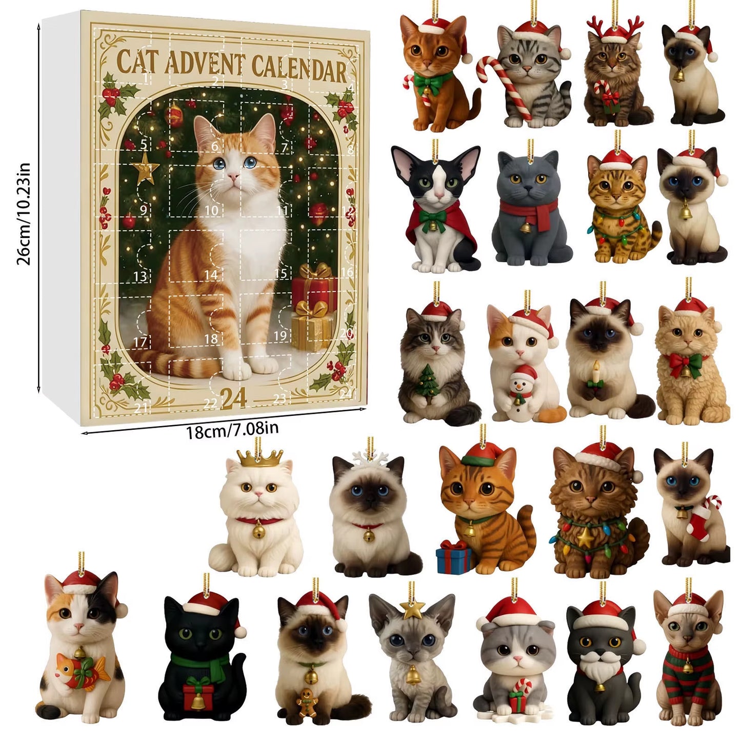 Cat Advent Calendar 2025 24 Days Christmas Countdown with 24 Different Breeds 2D Acrylic Cute Kitten Christmas Tree Ornaments