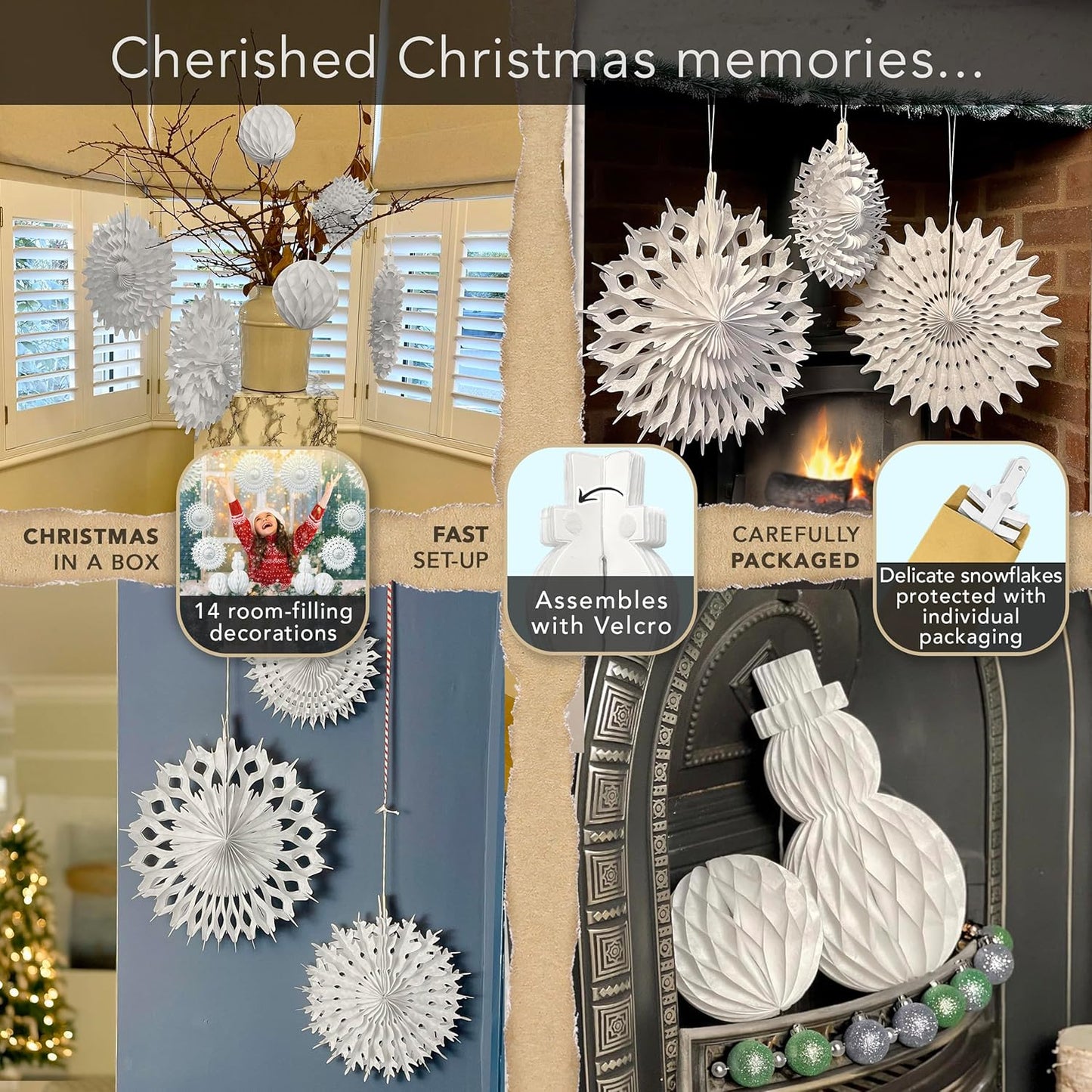 Premium Reusable Paper Christmas Decorations - White Christmas Decorations with Velcro Fasteners - Honeycomb Paper Snowflakes, Snowmen, Snowballs, and Snowflake Garlands - Winter Wonderland Decor