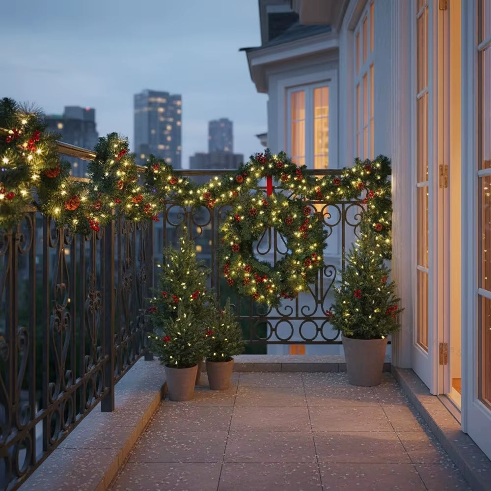 Christmas Garland Wreath with Pinecones Red Berries, Artificial LED Rattan Decoration for Xmas Tree, Stairs, Door, Home Decor