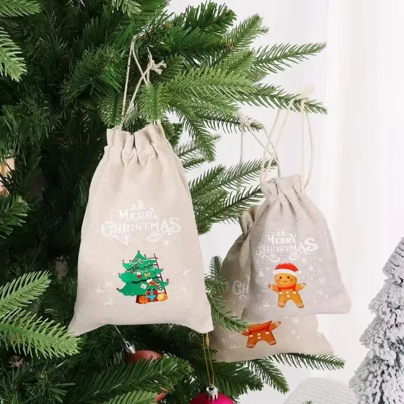 30/1Pcs Christmas Drawstring Bag Santa Claus Snowman Linen Candy Gift Packaging Bags Xmas Favor Bracelet Jewelry Storage Pouch