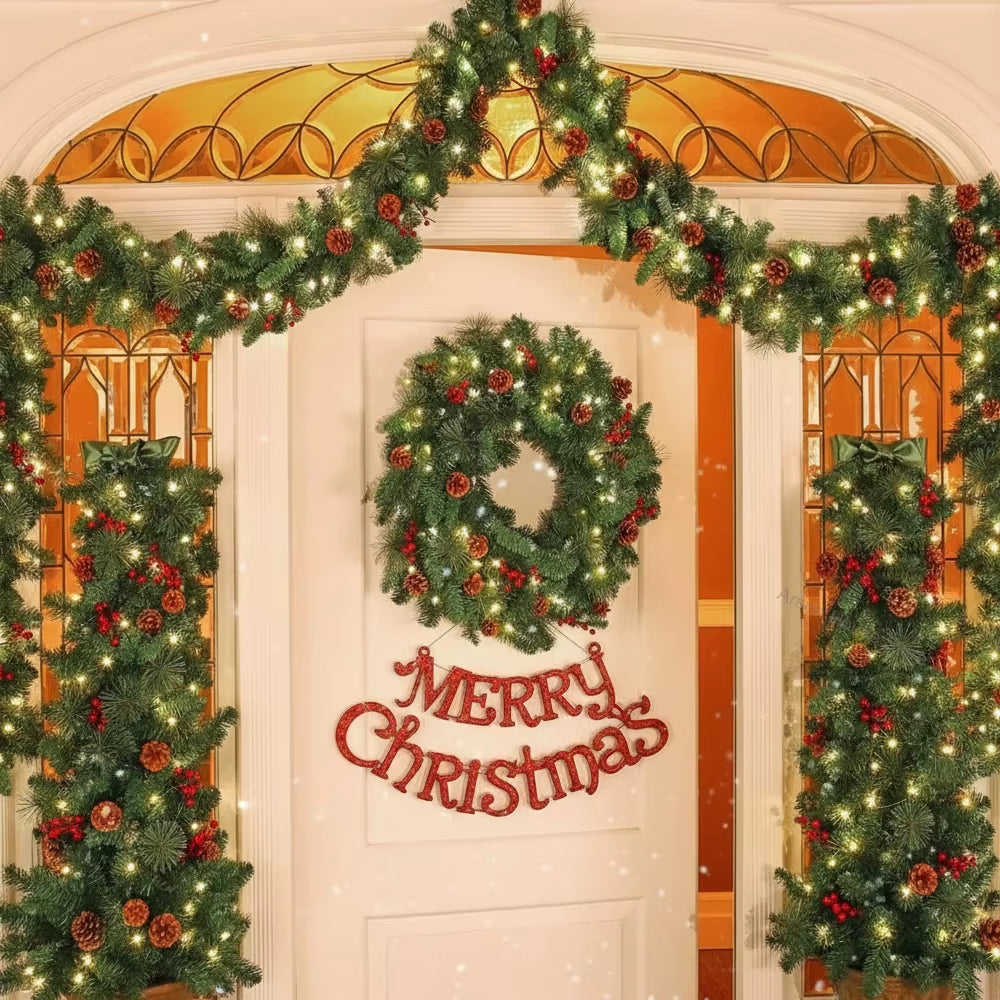 Christmas Garland Wreath with Pinecones Red Berries, Artificial LED Rattan Decoration for Xmas Tree, Stairs, Door, Home Decor