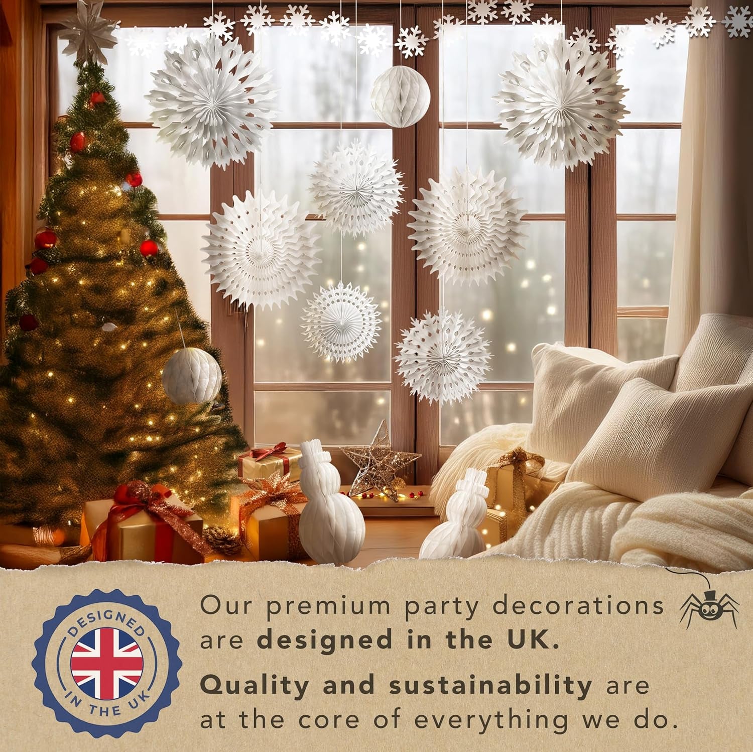 Premium Reusable Paper Christmas Decorations - White Christmas Decorations with Velcro Fasteners - Honeycomb Paper Snowflakes, Snowmen, Snowballs, and Snowflake Garlands - Winter Wonderland Decor