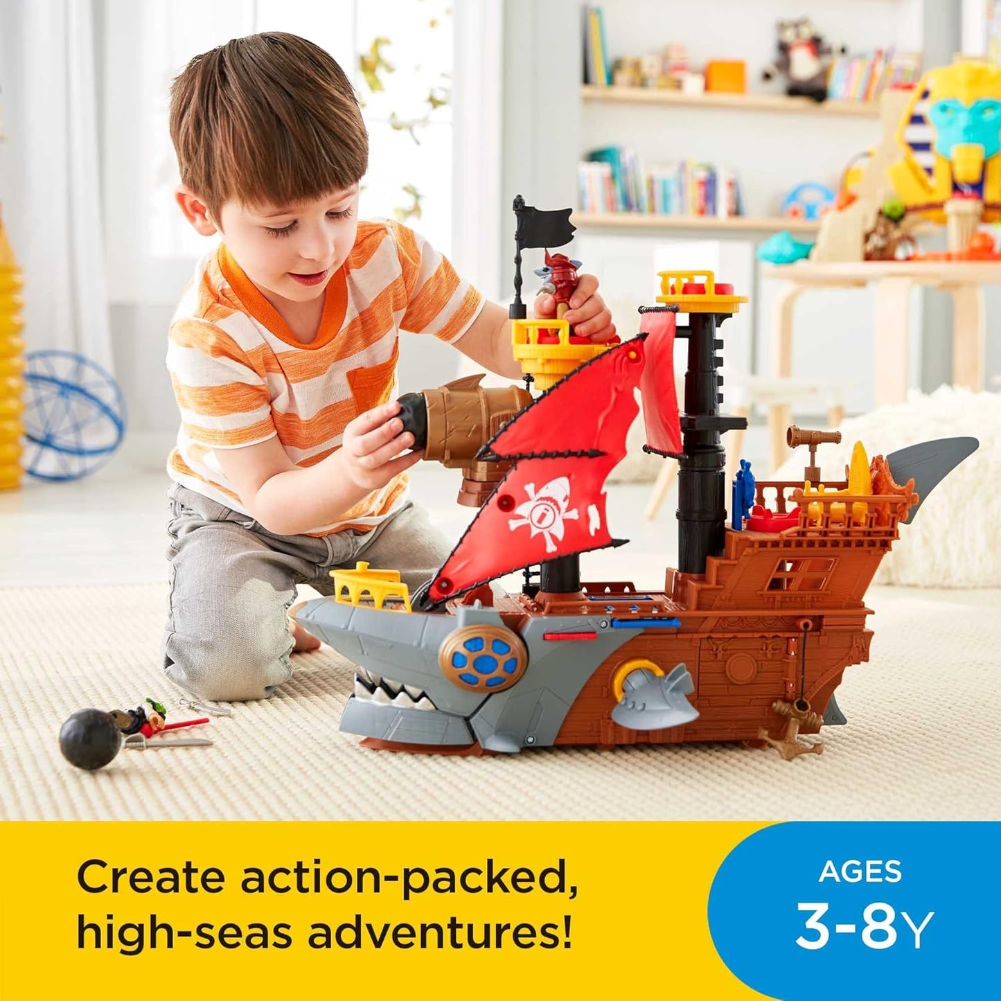 Imaginext Preschool Toy Shark Bite Pirate Ship Playset with Figure & Accessories for Pretend Play Kids Ages 3+ Years, HGN68