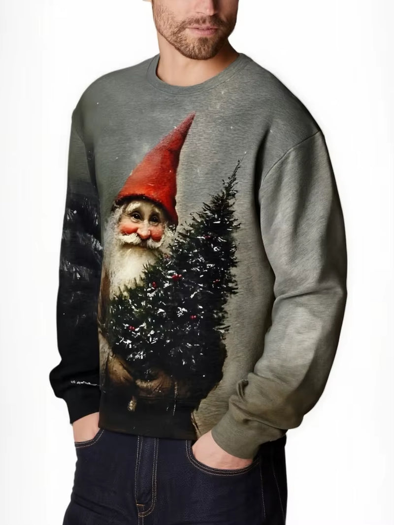 Men'S Pullover Vintage Christmas Santa Claus Rides Sleigh in the Snow Town Art Print Casual Sweatshirt Autumn 2025 Holiday Tops