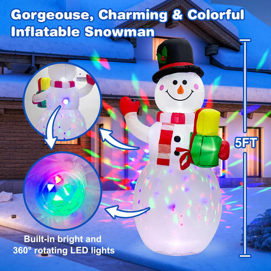 153Cm/5Ft Christmas Inflatables Outdoor Decorations Snowman with 2 Colorful Rotating LED Lights Outdoor Yard Blow up Snowman Xmas Decor for Holiday Party Garden Patio Yard House Indoor