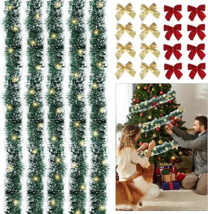 39 Feet Christmas Tinsel Garlands Decoration Christmas Tree Tinsel with 24 Red Bows, 24 Gold Bows and String Lights - Xmas Tinsel Garland for Festive Decor, Indoor and Outdoor Use