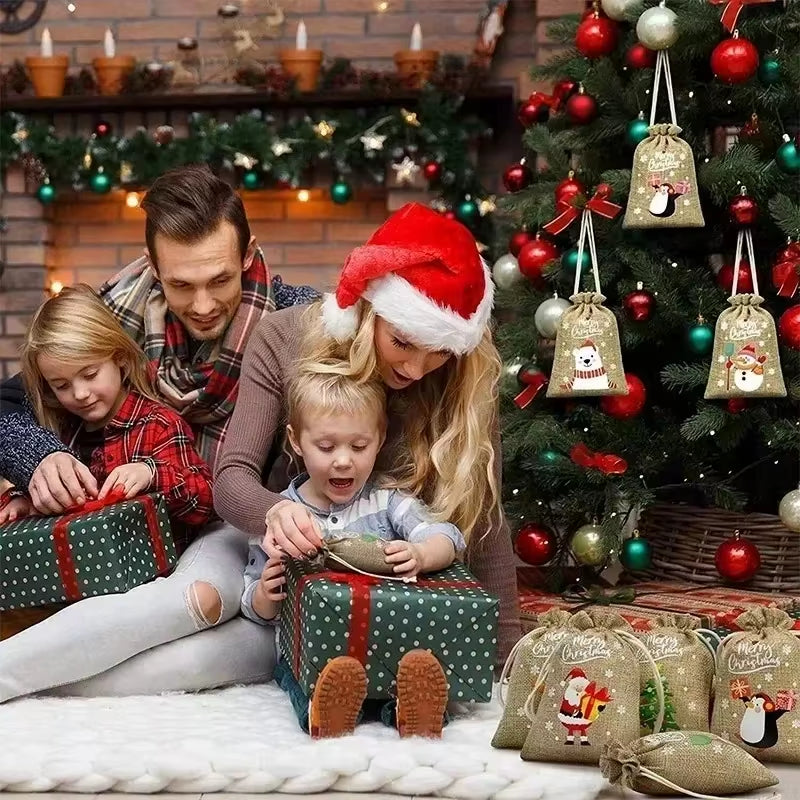 30/1Pcs Christmas Drawstring Bag Santa Claus Snowman Linen Candy Gift Packaging Bags Xmas Favor Bracelet Jewelry Storage Pouch