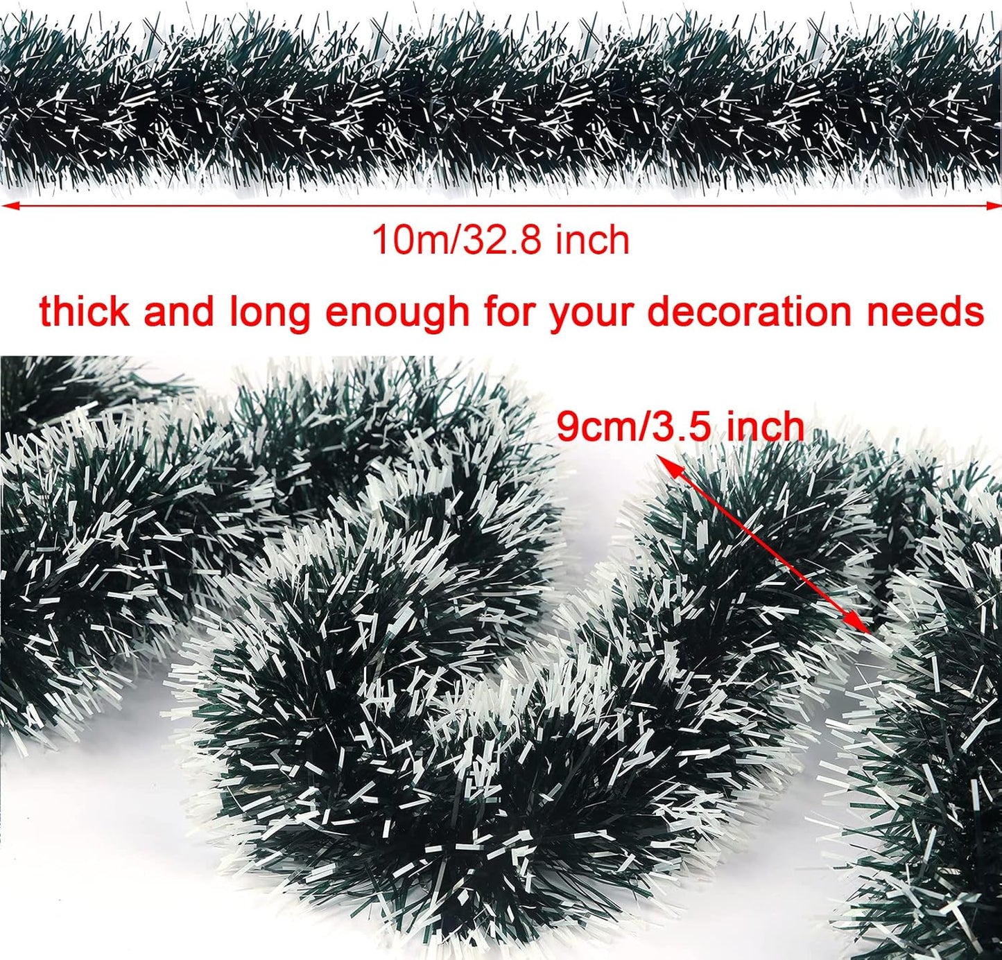 32.8 Feet Dark Green/White Tinsel Christmas Decorations, Chunky Metallic Shiny Garland Christmas Tree Hanging Decorations for Xmas Holiday Indoor Outdoor Party Decor