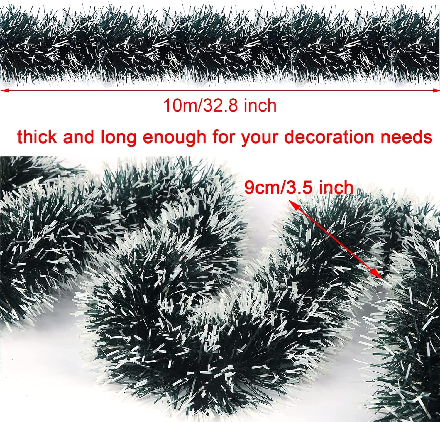 32.8 Feet Dark Green/White Tinsel Christmas Decorations, Chunky Metallic Shiny Garland Christmas Tree Hanging Decorations for Xmas Holiday Indoor Outdoor Party Decor