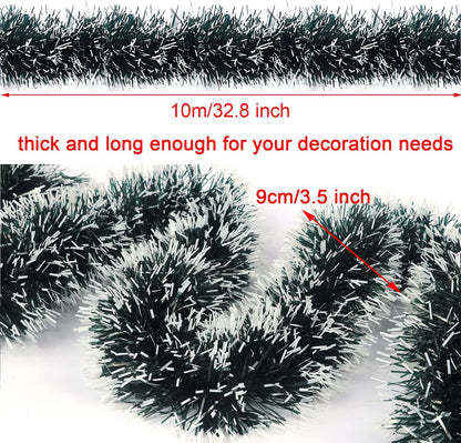 32.8 Feet Dark Green/White Tinsel Christmas Decorations, Chunky Metallic Shiny Garland Christmas Tree Hanging Decorations for Xmas Holiday Indoor Outdoor Party Decor
