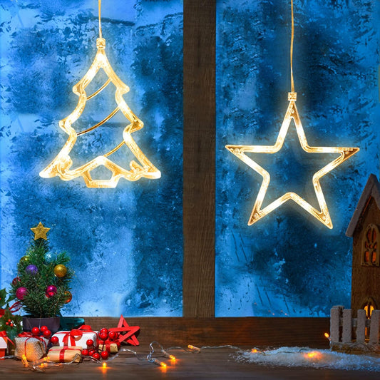 LED Christmas Window Light Stars and Christmas Tree, Twinkle Curtain Light Timer, Hanging Lights for Party Shop Window Xmas Decoration, Outdoor Indoor, Battery Powered(Warm Light)