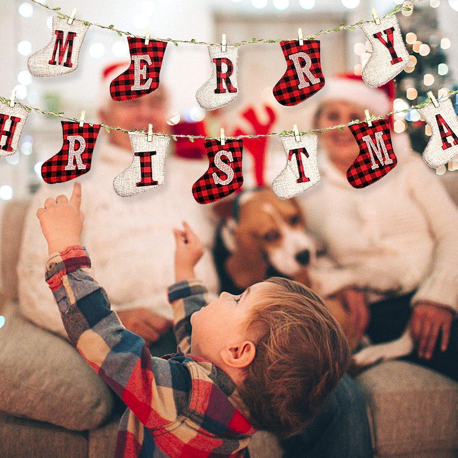 Merry Christmas Banners, Sock Shaped Burlap Banners, Red-White Plaid, 3 Meters (Length Only), 14 Pieces, Indoor/Outdoor, Christmas Party & Wall Decoration