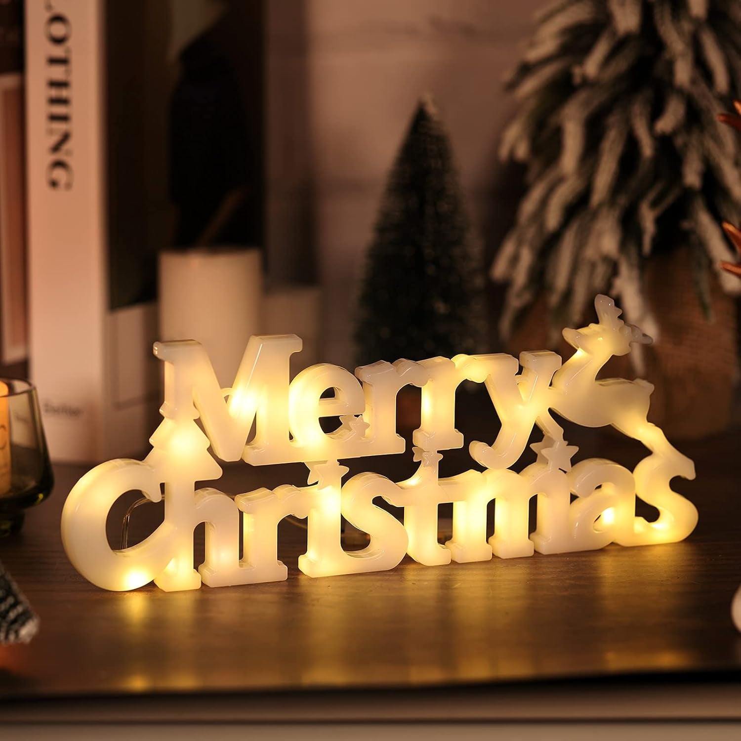 Merry Christmas Sign Lighted for Wreath LED Hanging Window Decorative Light Glowing Letter Sign Light up Board for Xmas Tree Wall Door Fireplace Indoor Outdoor, 2 Modes