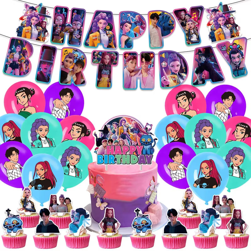 Hot Kpop Demon Birthday Party Decoration Huntrix Kpop Anime Birthday Party Supplies Hunter Group Cake Topper Balloons Decor Sets