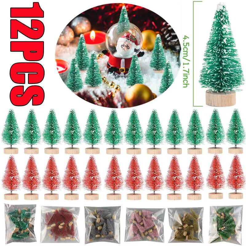 12PCS DIY Mini Christmas Tree 4.5Cm Sisal Silk Cedar Desktop Decoration Small Christmas Tree Xmas New Year Navidad Decor Gifts